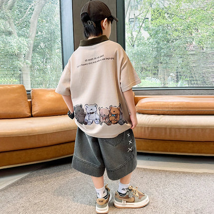 Boys Summer Cartoon Print Polo Shirt 5-14 Years Fashion Short Sleeve Cotton Sport T-shirt Casual Letter Top for Kids