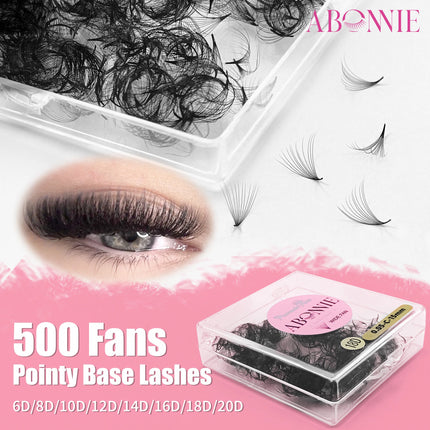 ABONNIE 500 Fans Loose Wide Fan Eyelash Extensions 6D to 20D Pointy Base Premade Volume Fans Sharp Stem Professional Lashes