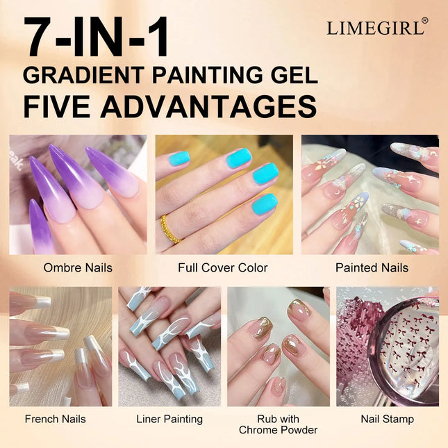 LIMEGIRL 7in1 Nail Gradient Gel Kit Long-lasting Nail Gel Polish Hybrid Color High Texture Gradient Nail Gel for Nail Salon Art