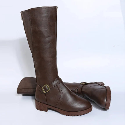 Women Knee High Boots Platform Long Boots Low Heels Round Toe Shoes New Zip Brown High Boot Vintage Pu Leather Women Boots 2025