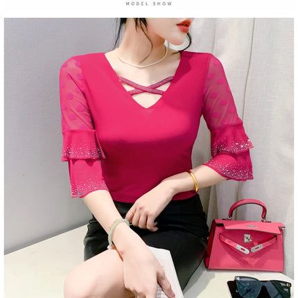 2025 Spring Summer Mesh Tops Korean Fashion Diamond T Shirt Slim 3/4 Sleeve Hollow Out Casual Women Shirt