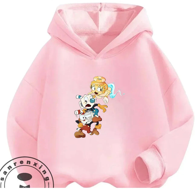 3-14Y Boys Girls Cuphead Hoodie Autumn Winter Cute Kawaii Cartoon Street Hot Fashion Outdoor Casual Trendy Cozy