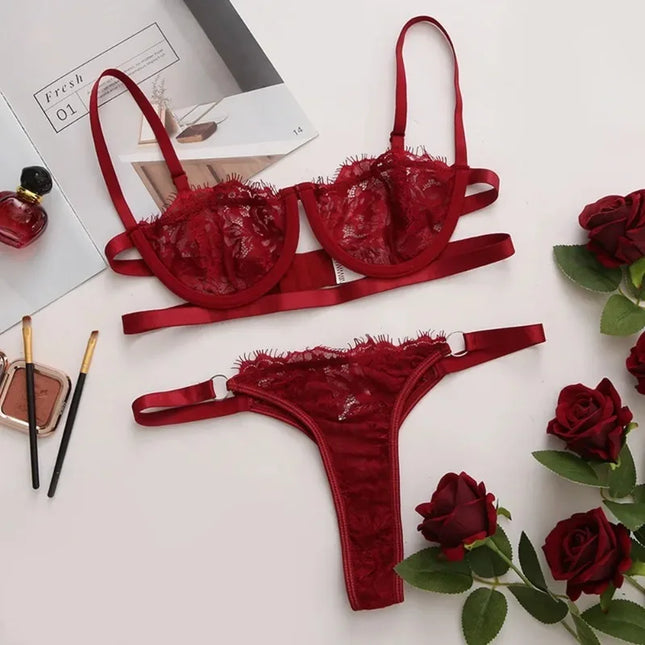 Sexy Lingerie Woman Lace Transparent Underwear Fairy Embroidery Brief Sets Delicate Bra Kit Push Up Briefs Sets Thin Erotic Bras