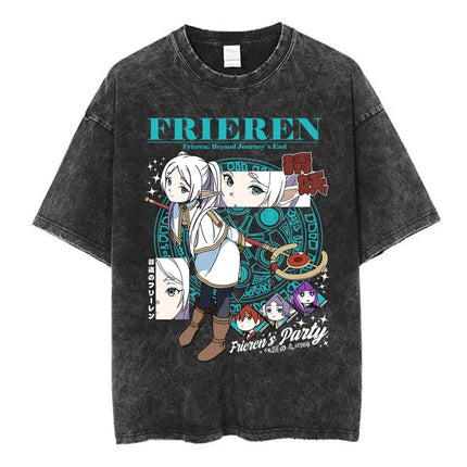 Anime Frieren: Beyond Journey's End Graphic Washed Vintage T-shirt Men's Women Fashion Short Sleeve Cotton Casual Loose T Shirts