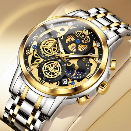 OLEVS 9947 Men's Watches Top Brand Luxury Original Waterproof Quartz Watch for Man Gold Skeleton Style 24 Hour Day Night New
