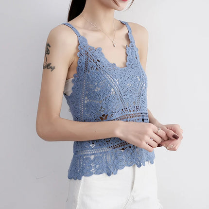 Simple Lace Hollow out Tank Top Women's Korean Sle Summer Outerwear Hoodie ort Sve Commute Sle  Color