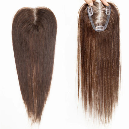 100% Human Hair Toppers Brown Highlight Hairpieces Middle Part Women Hair Topper with Lace Base Clip in Hair Extensions Natural