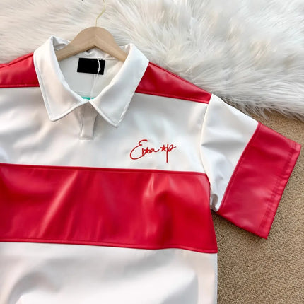 Splice Color Stripe Pu Leather Lapel Collar T Shirt Black Purple Red Polo Shirt Men Women High Quality Casual Short Sleeve Tops