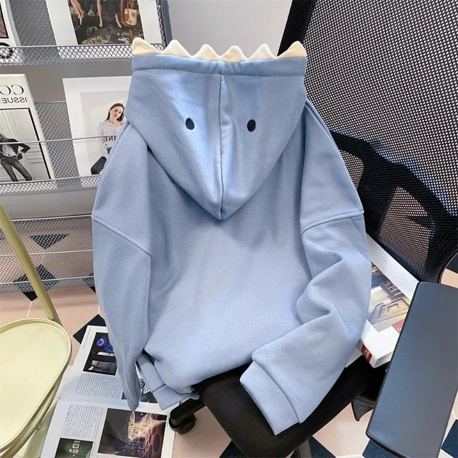 Korean Hip Hop Hoody Chic Shark Hooded Sweatshirt Men Women in Spring Autumn Cute Sweet Girly Solid Color Fashion Jacket Preppy