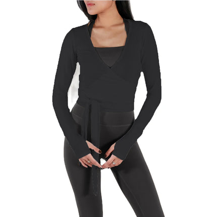 Women Sexy Wrap Crop Tops Tees Long Sleeve Deep V Neck Tie Workout Ballet Pilates Yoga T-Shirts with Thumb Holes Cropped Tops