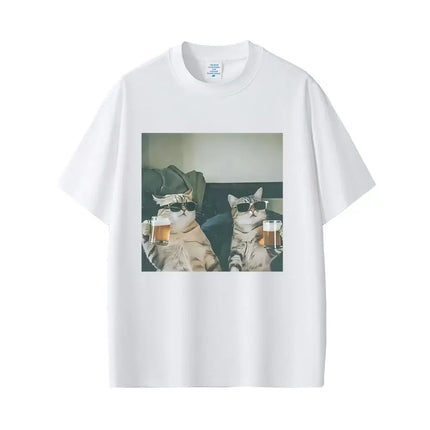 Cool Cat Drinking Beer Funny Meme T-shirt Women Casual Vintage Short Sleeve T Shirt Women Fashion Crewneck T-shirts