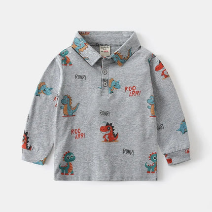 Spring Kids Boys Long Sleeve Polo Shirt 2-6Y Boys Cotton Dinosaur Print Turn-down Collar Undershirt Soft Breathable Toddler Tops