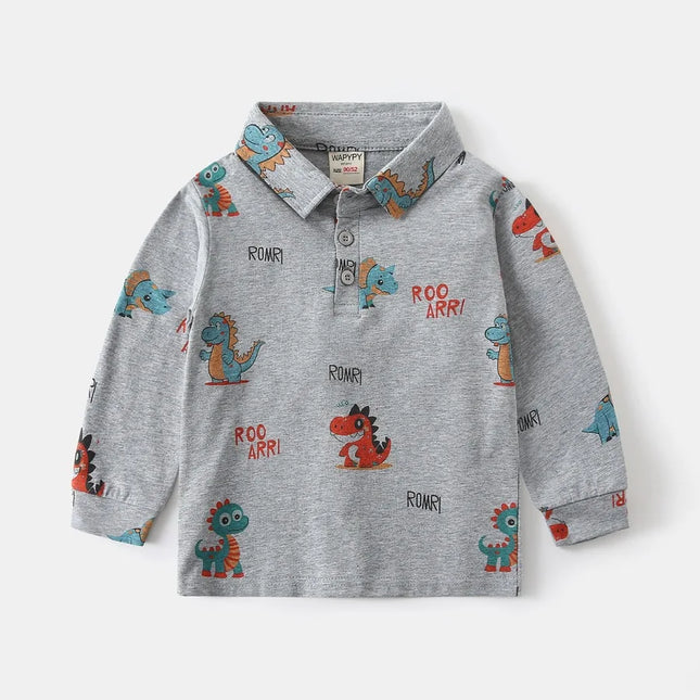 Spring Kids Boys Long Sleeve Polo Shirt 2-6Y Boys Cotton Dinosaur Print Turn-down Collar Undershirt Soft Breathable Toddler Tops