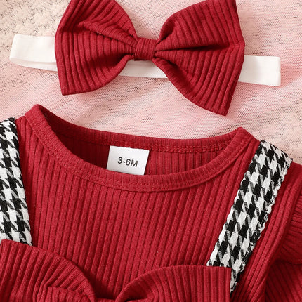 Baby Girl Autumn/Winter Fashion Cute Round Neck Thousand Bird Grid Color blocked Lotus Leaf Side Sleeve Fake Two piece Strap Ski