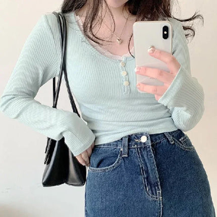 Women's T-Shirts Long Sleeve Slim Lace Button Kawaii T-shirts Female Y2k Tops Casual Tees Pullovers 2024 Spring New Woman Clothing