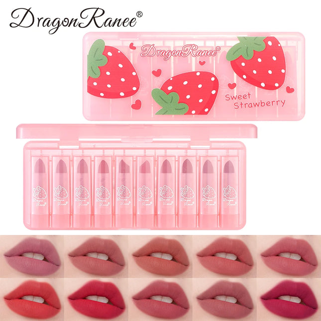 Dragon Ranee Matte Velvet Pink Strawberry Translucent 10 Pieces Lipstick Set Waterproof Sweatproof Non-Stick Lipstick Set