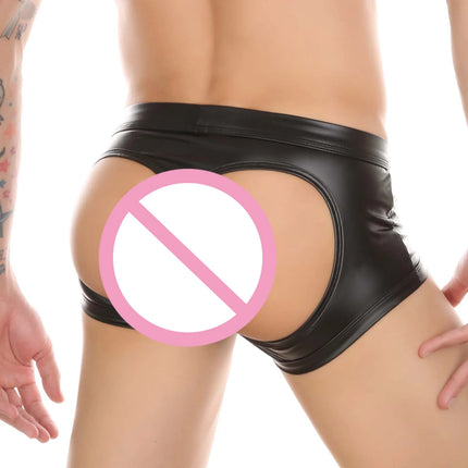 Men's Sexy PU Open Buttocks Boxers U Convex Big Bag T Back Underwear Men Breathable G-String Faux Leather Open Back Hip Panties
