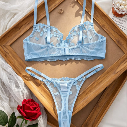 French Style Blue Lace Bra and Panties Set Women Sexy Eyelash Lace Underwear Transparent Mesh Two Piece Lingerie