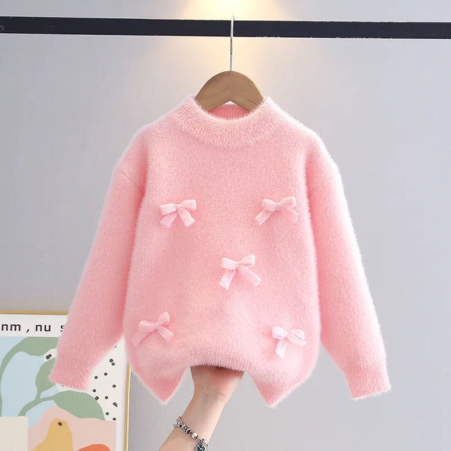 2025 Sweaters for Kids Girls Winter Warmer Bow-tie Sweater Fluffy Flocking Knitted Tops Outfit Student Princess Clothing IY08151
