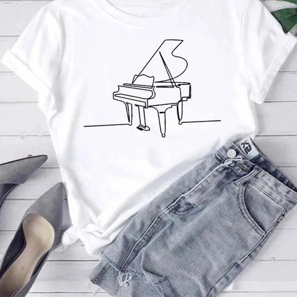 Fashion Women T Shirt Musical Note Printed T Shirt Casual Black Tops 90s Ladies Girls Tee Shirt Female Harajuku Graphic T-shirt