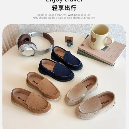 Spring Kids Loafers Suede Minimalist Trendy Unisex Boys Girls Leather Shoes Versatile Slip-resistant Solid Color Children Shoe