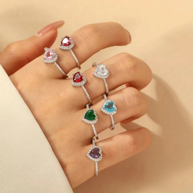 Exquisite Luxury Colorful Hearts Crystal Ring Full of Zircon Opening Adjustable Finger Ring for Women Jewellery Accessories Gift