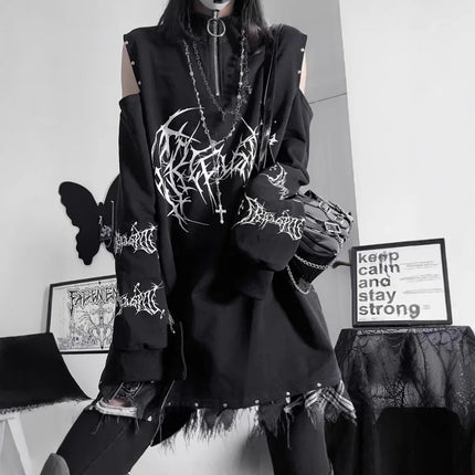 Two-Dimensional Dark Print Subculture Punk Long-Sleeved Loose Bf Style Off-Shoulder Sweatshirt with Zipper Design for Spring