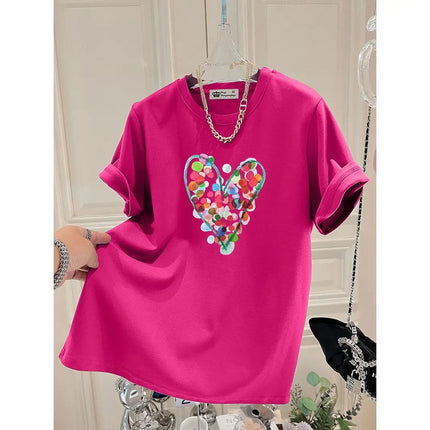 Summer Fashion Hand-Painted Polka Dot Printing T-shirts Women Pure Cotton O-neck Short Sleeve Top Tees Casual Loose Pullover