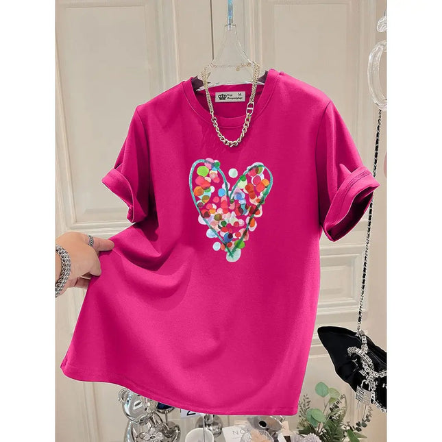 Summer Fashion Hand-Painted Polka Dot Printing T-shirts Women Pure Cotton O-neck Short Sleeve Top Tees Casual Loose Pullover