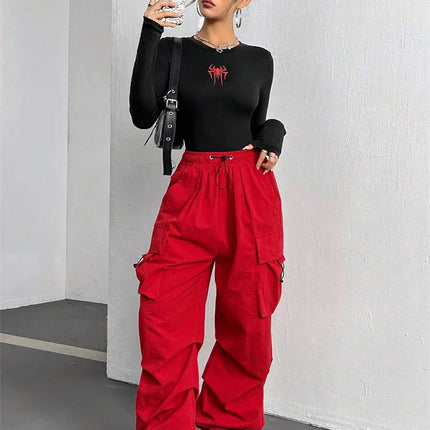 Women Spider Print Round Neck Long Sleeve Crop Tee Top Autumn Winter Spring Y2K Clothes Slim fit T-shirt