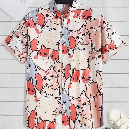 2026 New Fashionable Hawaiian Men's Cute Cat Printed Casual Harajuku Short Sleeved Shirt