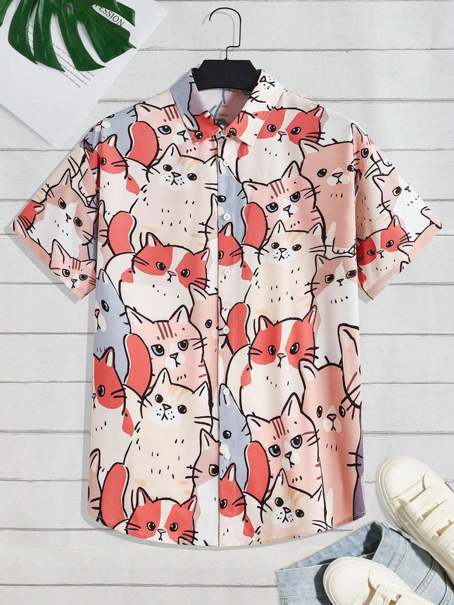 2026 New Fashionable Hawaiian Men's Cute Cat Printed Casual Harajuku Short Sleeved Shirt