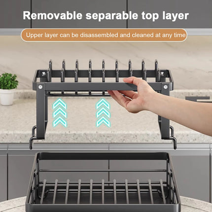 2-Tier Adjustable Carbon Steel Dish Drying Rack Kitchen Counter Dish Drainer Plates Bowls Cutlery Storage Organizer