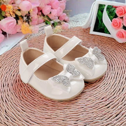 Casual Cute Rhinestone Bowknot Decor Mary Jane Shoes For Baby Girls, Lightweight Non-slip Walking Shoes For Spring And Autumn