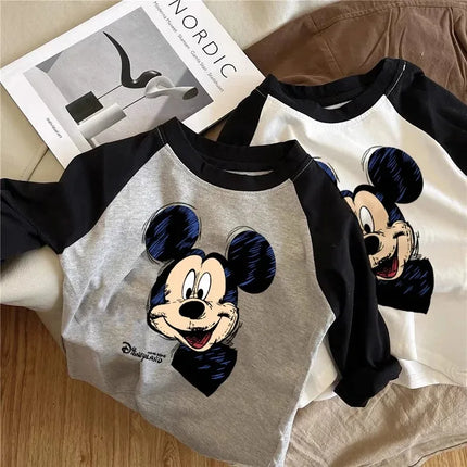 Baby Boys Girls Clothes 2025 Spring Children Cartoon Mickey Mouse Striped Raglan Sleeve Long Sleeve T-shirt Kid Fashion Clothing
