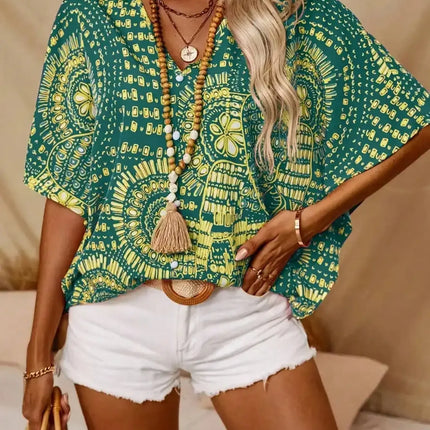Plus Size 1XL-5XL Women's Fashion Print V-Neck Batwing Sleeve Blouse Top Ladies Casual Short Sleeve Summer Shirt Tops
