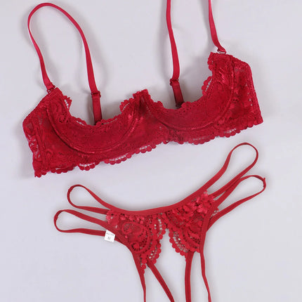 Lace Crotchless Bra G-string Set 2pcs Erotic Cutout Bra Open Cup Bra Hollow Out Underwears Women Lingerie
