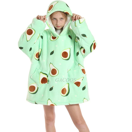 Kids Oversized Hoodie Blanket With Sleeve Boy Girl Sweatshirt Winter Fleece Hoody Avocado Rainbow Dinosaur Print Hooded Sweat