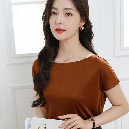 Summer women's short sleeved acetate fabric high-end knitted women's T-shirt thin European style hot selling women's T-shirt
