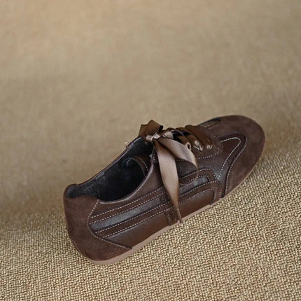 Suede Retro Lace Up Casual Flat Shoes Women Comfort Shallow Autumn Footwear Female Brown Genuine Leather Ballet Sneakers Women