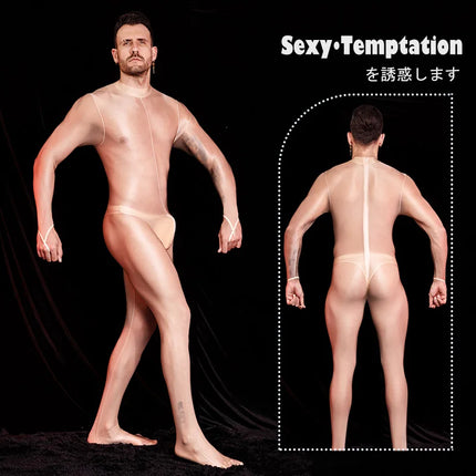 Sexy Men's Bodysuit Oil Shiny Glossy Tights Long Sleeves High Elastic Jumpsuits Exotic Leotard Thin Sheer Catsuit Body Stockings