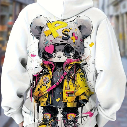 2025 Autumn Men's New Cartoon Cool Bear Printed Soft and Comfortable Hoodie Outdoor Urban Street Style Clothing