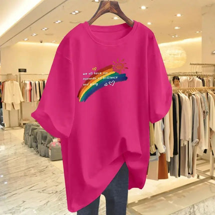 Women Clothing Fashion Hand-Painted Rainbow Print Tshirt Summer O-neck Short Sleeve 100 Cotton Basic Tee Loose Chic Top 45-105Kg