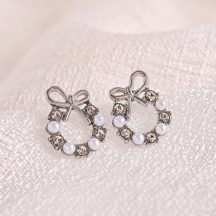 Fashion Lmitation Pearl Crystal Bow Stud Earring For Women Girl Fashion Cute Loreanearrings Party Trending Jewelry Wholesale