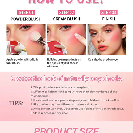 Creme & Powder Blush Duo Long Wearing Matte & Dewy Finish High Pigment Pink Candy Peach Blush Palette Vibrant Orange Red Blush