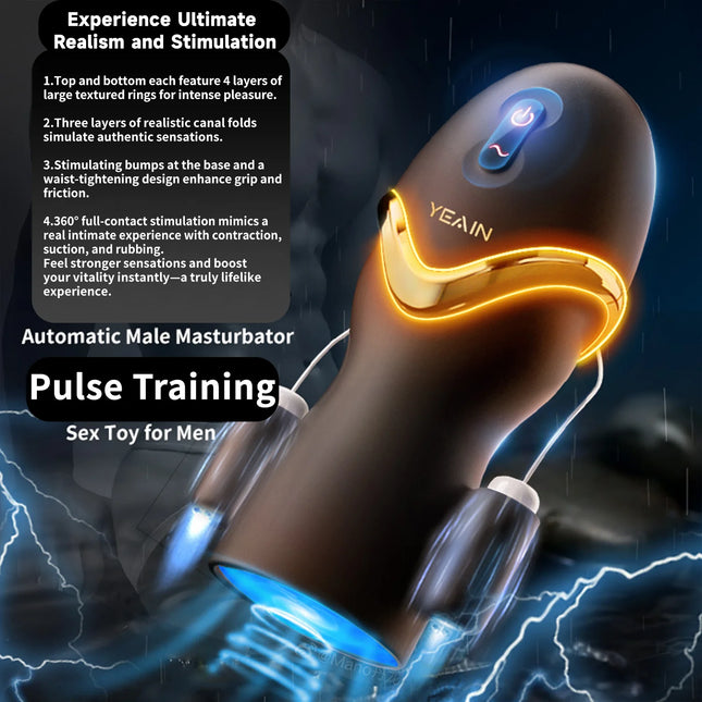 3-IN-1 Automatic Suction Male Masturbation Cup with Handle Double Layer Telescopic Male Stroker Pocket Pussy Adult Toy for Men