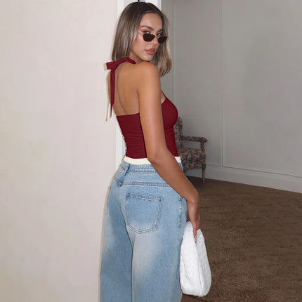 Hugcitar Women's Fashion Halter Solid Loop Backless Bandage Sexy Crop Tank Top 2025 Summer Casual Clothes Streetwear Vacation Club