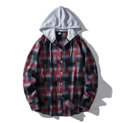 Autumn Hot Sale Of The Season Men's Plaid Hooded Casual Shirt Independent Station Cross-Border Checkered Hoodie Style Floral Patchwork