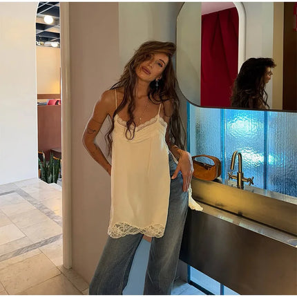 Women Lace Patchwork Sling Top Sexy V-neck Sleeveless Side Split Solid Color Vest 2025 New Summer Lady Party Vacation Tops