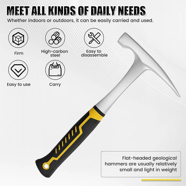 1pc High Carbon Steel Rock Pick Hammer, All-Steel Geological Claw Hammer with Non-Slip Rubber Handle, Brushed Finish